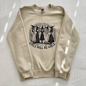 Girls Will Be Girls Witch Coven Pullover Sweatshirt, Tan Witch Sweater Unisex S